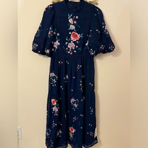 ASOS DESIGN High Neck Floral Embroidered Midi Dress Lace Trim Navy 6 NEW - Picture 1 of 10